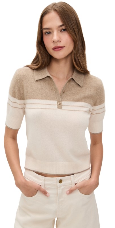 White + Warren Cashmere Polo Top Cream/Taupe