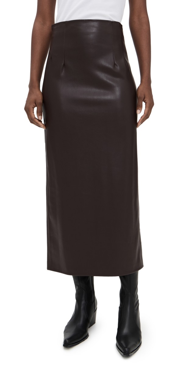 Enza Costa Leather Hi-Waist Curve Skirt Dark Brown