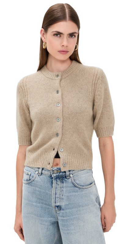 White + Warren Cashmere Elbow Sleeve Cardigan Taupe Heather
