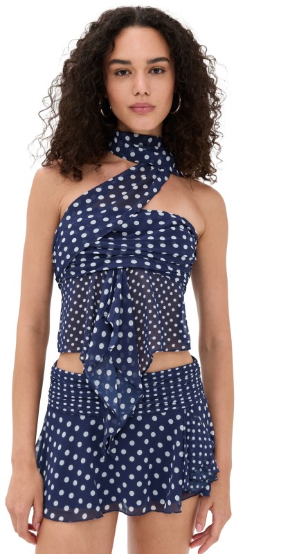 GUIZIO Chiffon Wrap Around Top Navy Polka Dot