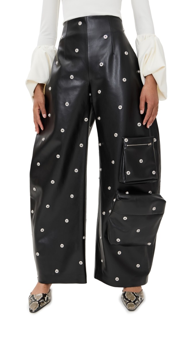 A. W.A. K.E. MODE Faux Leather Stud Trousers With Snap-On Pockets Black