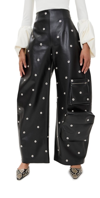 A. W.A. K.E. MODE Faux Leather Stud Trousers With Snap-On Pockets Black