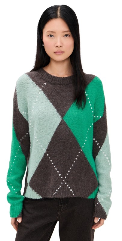 Little Lies Argyle Sweater Mint/Chocolate Brown