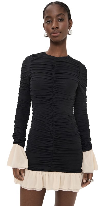 ROTATE Mini Ruched Long Sleeve Dress Black Combination