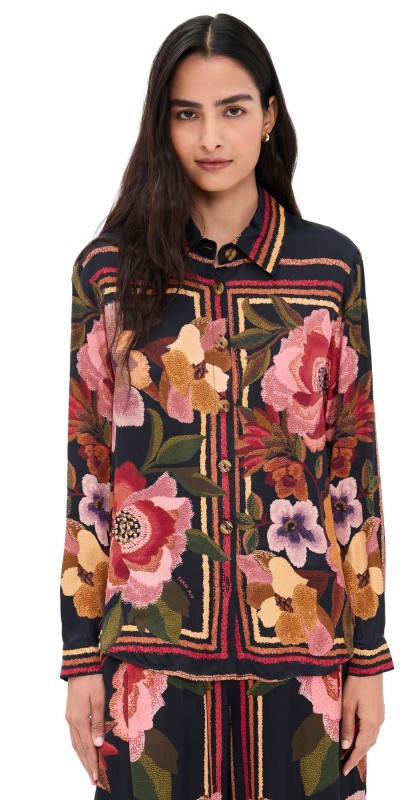 FARM Rio Button Down Shirt Chenille Flowers Black