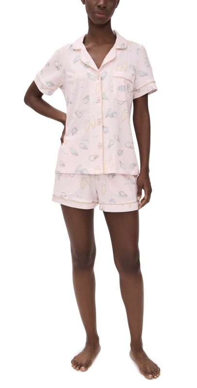 BedHead PJs Short Sleeve Cotton Knit Boxer PJ Set Oysters And Champagne