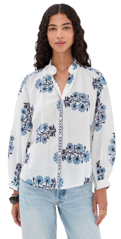 Alix of Bohemia Poet Aqua Bloom Shirt White