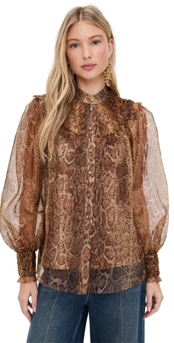 Zimmermann Hypnotic Smocked Blouse Toffee Snake