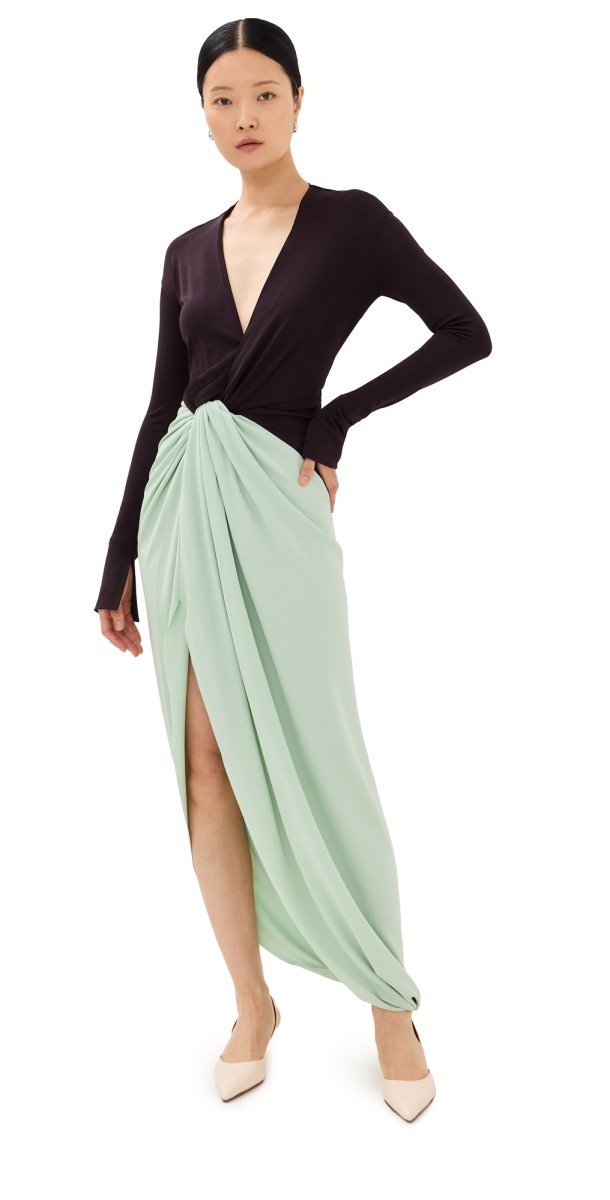 Victoria Beckham Long Sleeve Knot Detail Jersey Gown Ebony/Jade