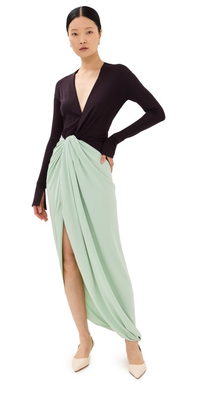 Victoria Beckham Long Sleeve Knot Detail Jersey Gown Ebony/Jade