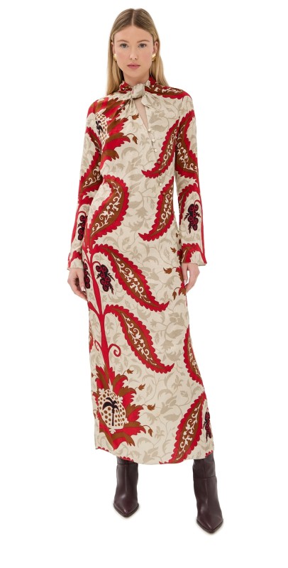 Johanna Ortiz Sand Esencia Femenina Midi Dress Sand/Red/Mocha/Black