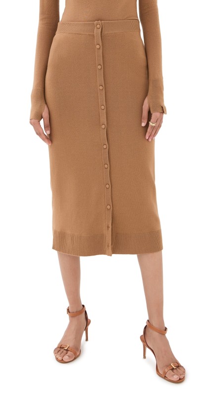 Victoria Beckham Button Detail Midi Skirt Camel
