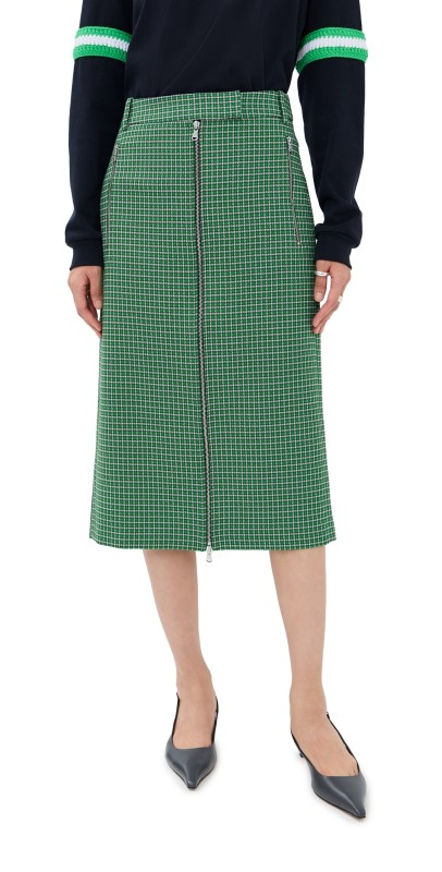 Tibi Leon Check Midi Trouser Zip Skirt Green Multi