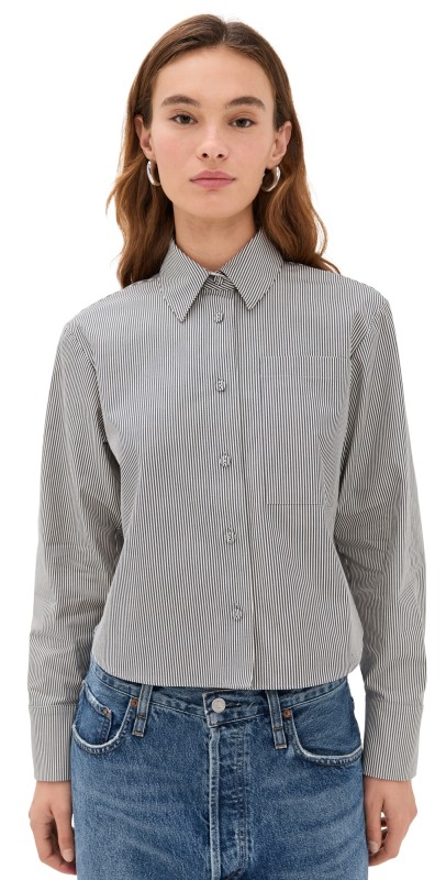 Proenza Schouler White Label Olive Shirt in Stripe Cotton Parchment/Dark Teal