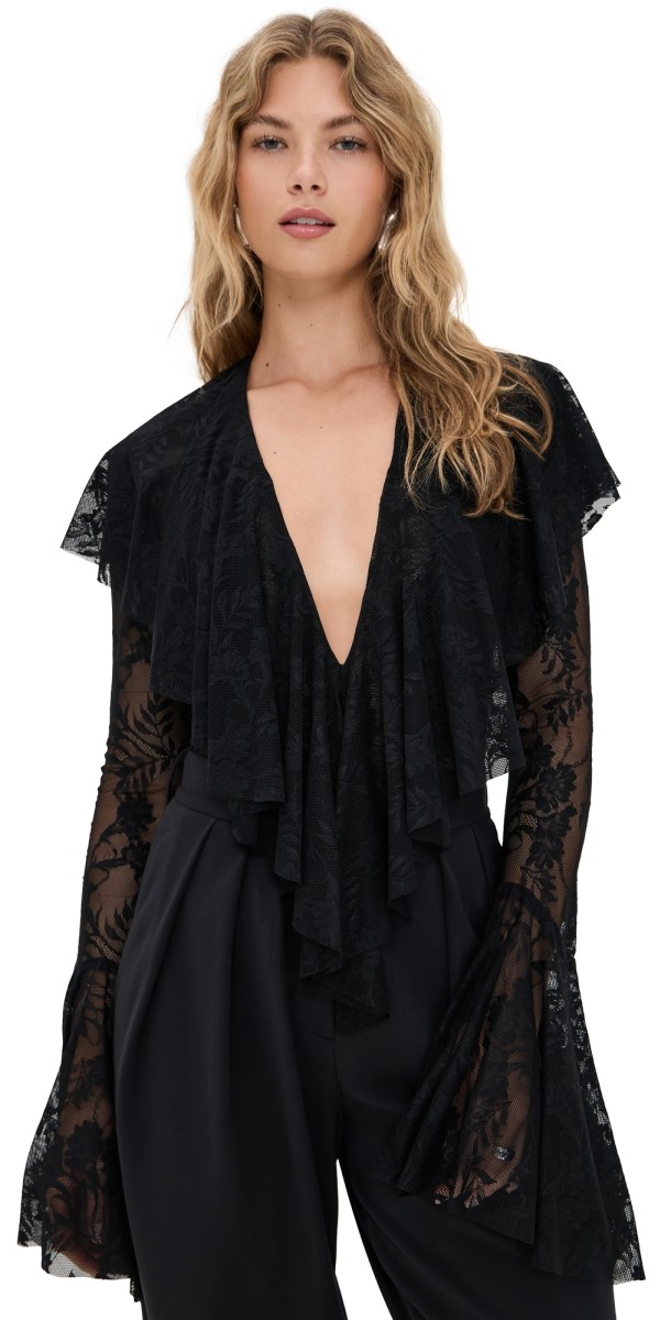Norma Kamali Long Sleeve Deep V Ruffle Bodysuit Black