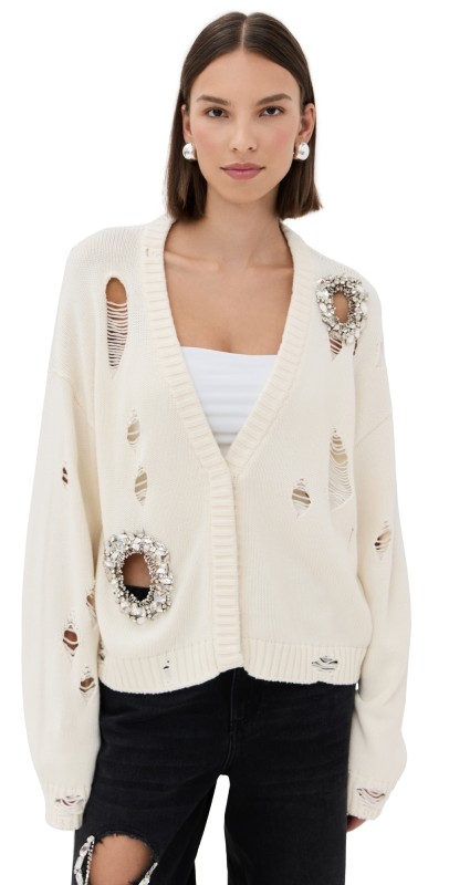 AREA Distressed Crystal Cardigan Cream