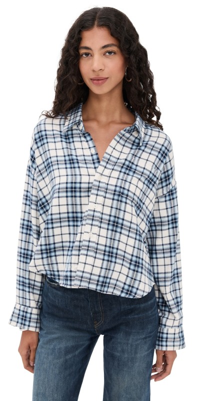 Denimist Cropped Button Front Shirt Ecru/Light Blue Plaid