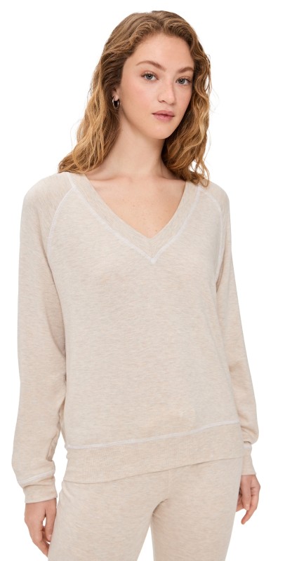 Splits59 Bennie Fleece V Neck Sweatshirt Heather Oatmeal/White
