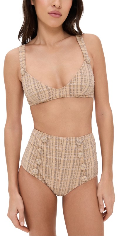 Lisa Marie Fernandez Magdalena High Waist Bikini Set Sand Striped Seersucker