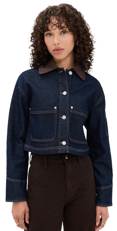 Avec Les Filles Combo Collar Crop Trucker Jacket Rinse/Chocolate