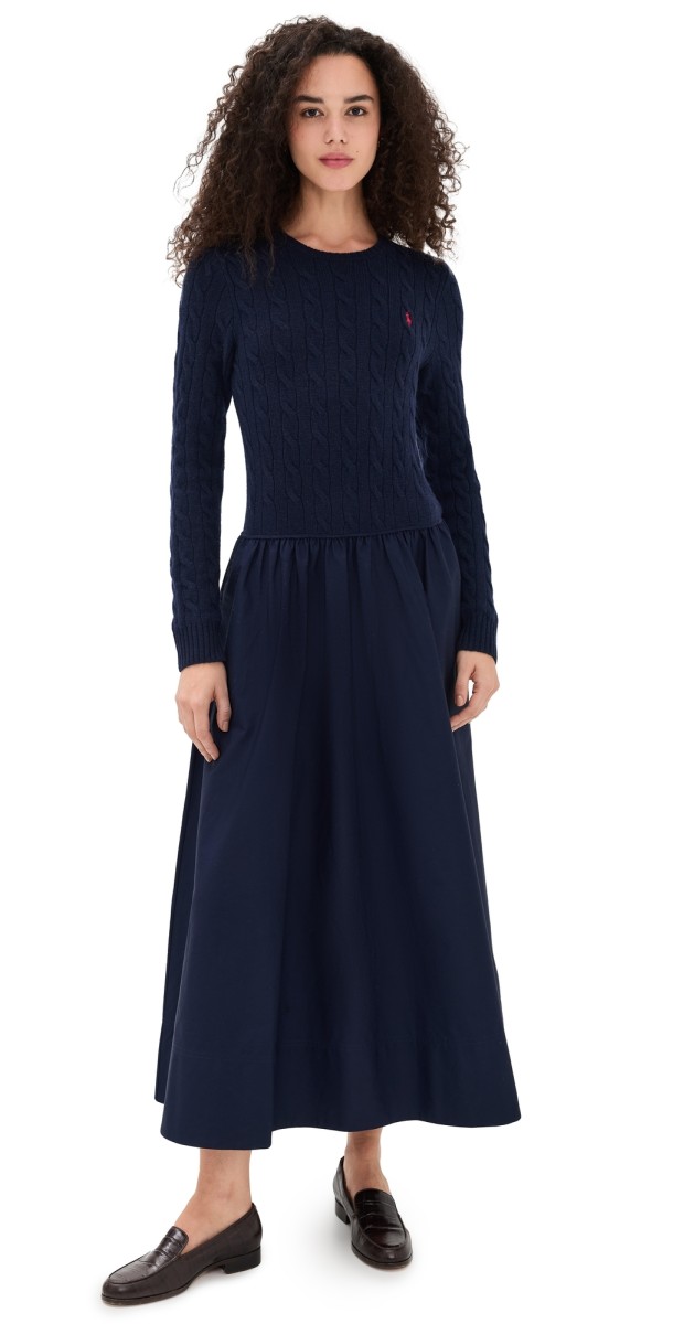 Polo Ralph Lauren Crew Neck Long Sleeve Fit & Flare Dress Hunter Navy