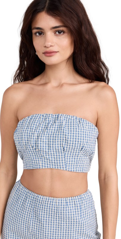 POSSE Mira Strapless Crop Top Blue/Cream Gingham