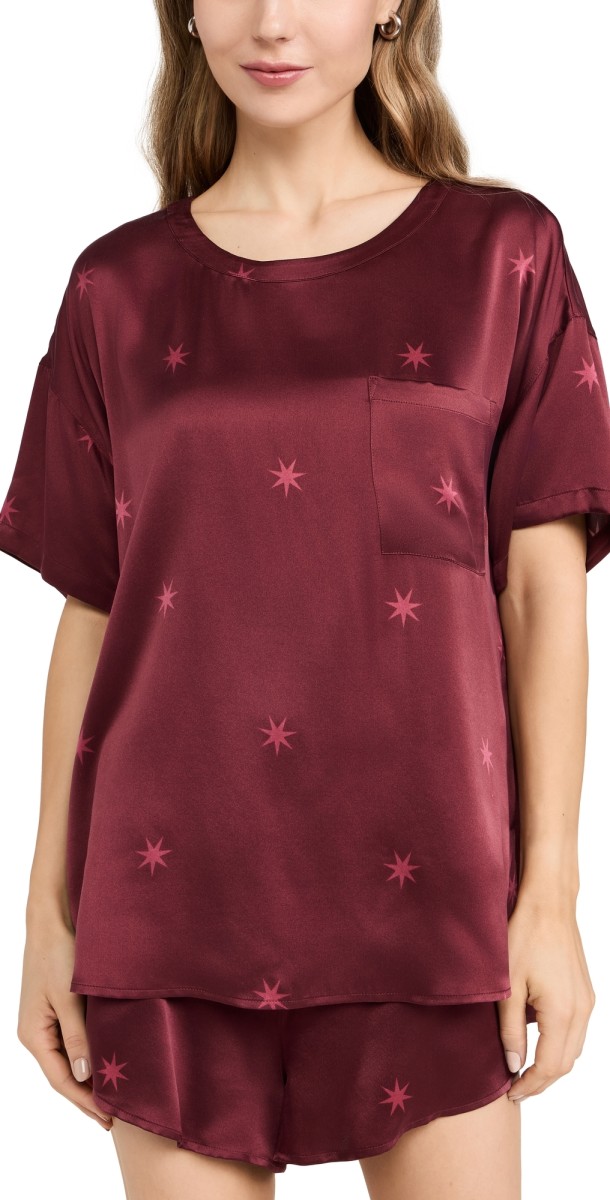 Lunya Washable Silk Tee Short Set Burgundy Anise