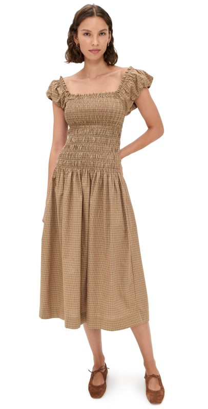 WAYF Cassidy Smock Midi Dress Khaki Plaid