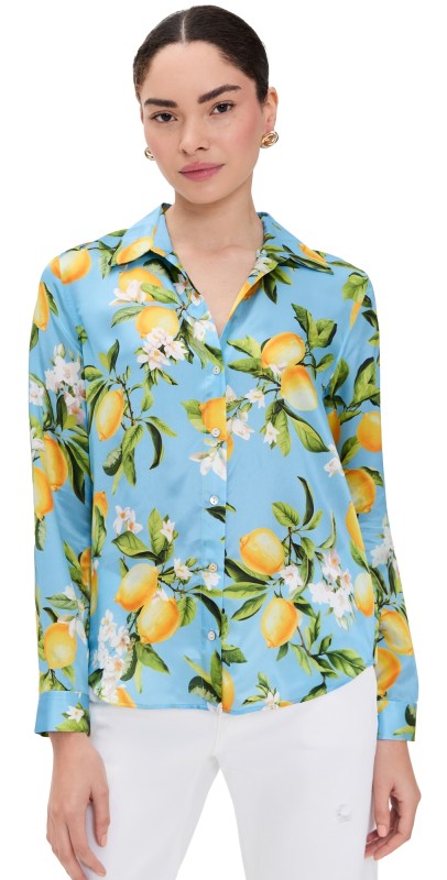 L'AGENCE Tyler Silk Blouse Sky Blue/Yellow Floral Lemon