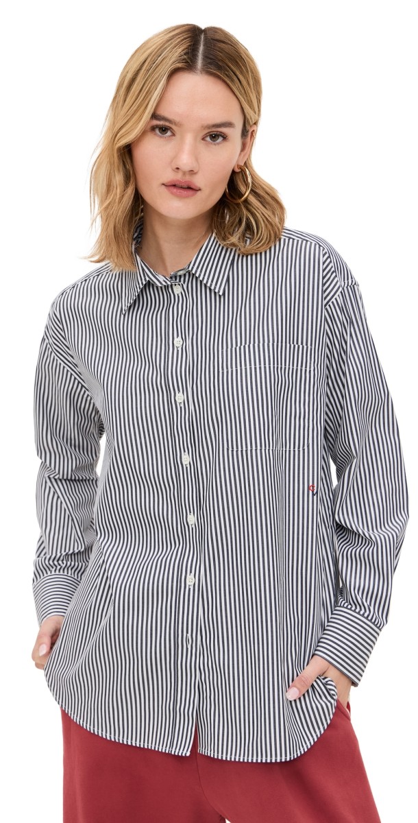 Clare V. Emiliette Oversized Shirt Midnight/Cream Cotton Stripe