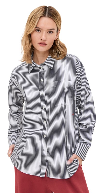 Clare V. Emiliette Oversized Shirt Midnight/Cream Cotton Stripe