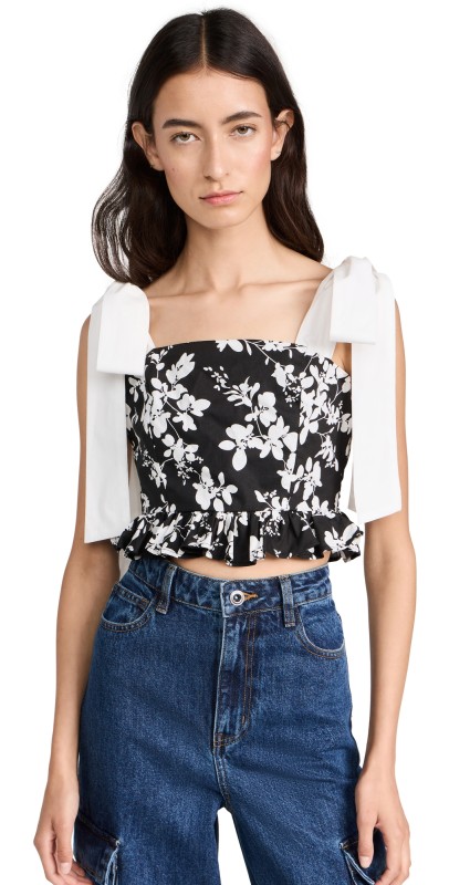 endless rose Contrast Bow Tie Printed Top Black/White