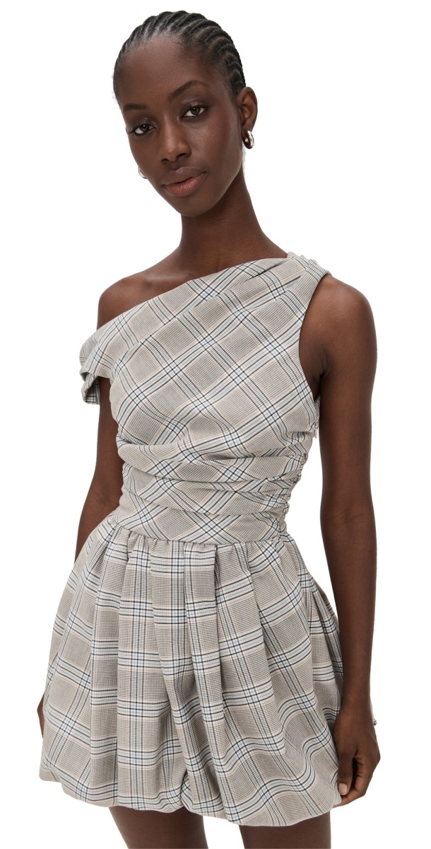 AMUR Melissa Draped Bubble Mini Dress Plaid Suiting