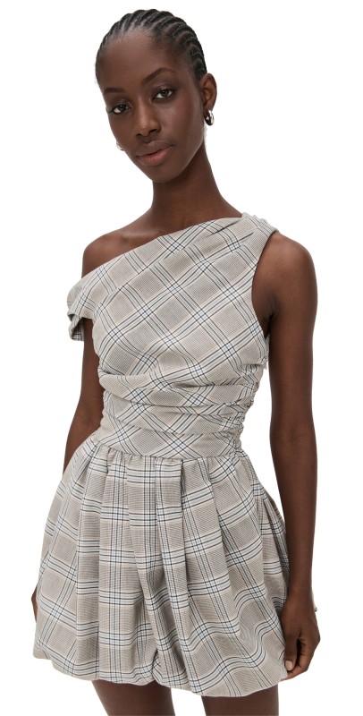 AMUR Melissa Draped Bubble Mini Dress Plaid Suiting