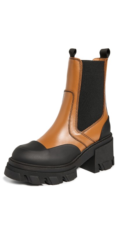 GANNI Cleated Heeled Mid Chelsea Boots Tiger's Eye