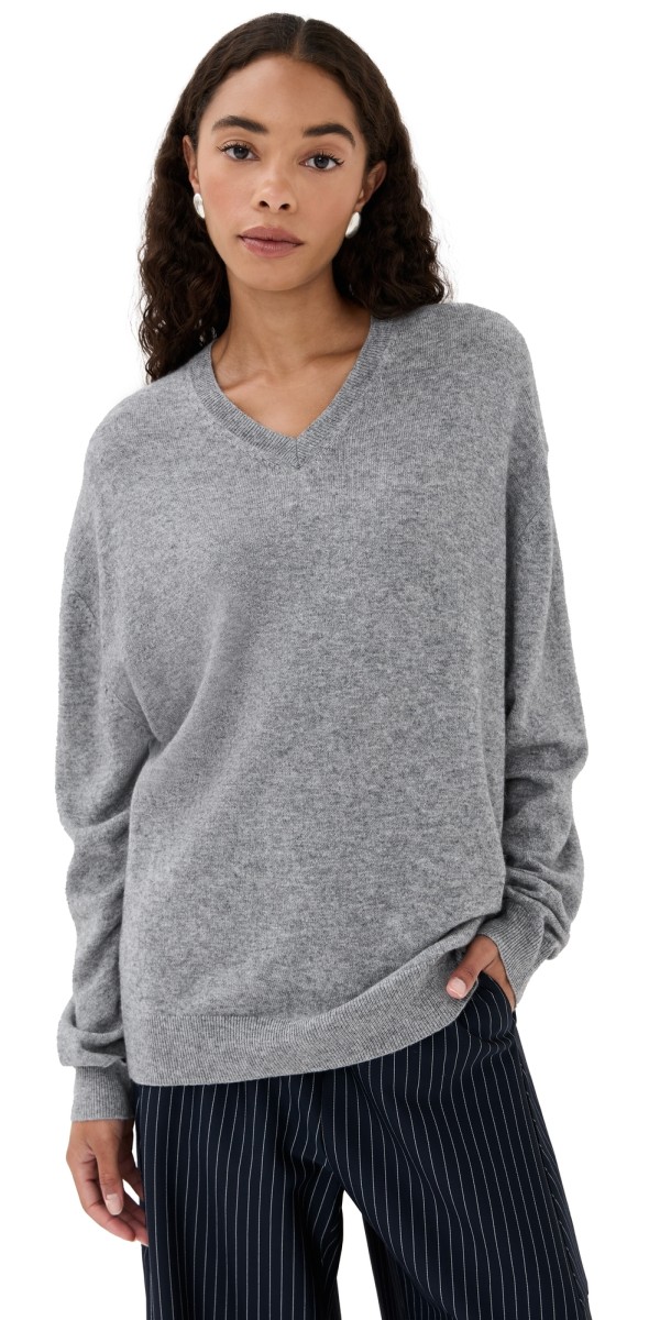 Tibi Washable Cashmere Easy V Neck Sweater Heather Grey