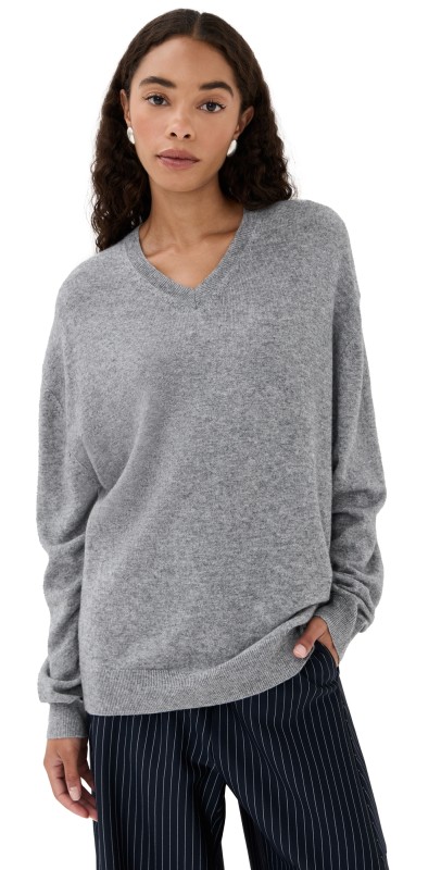 Tibi Washable Cashmere Easy V Neck Sweater Heather Grey