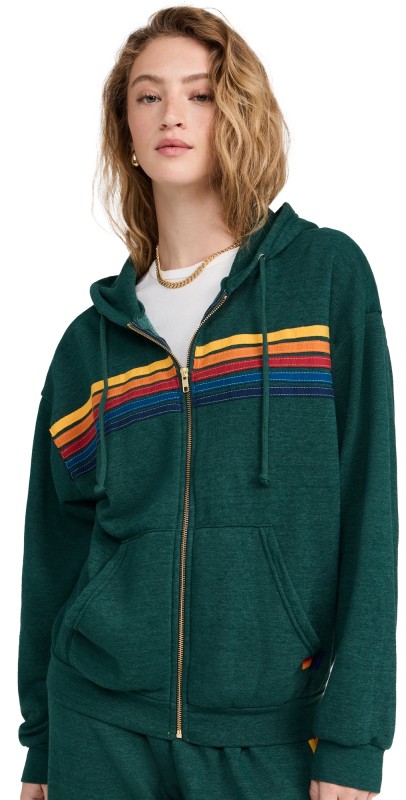Aviator Nation 5 Stripe Relaxed Zip Hoodie Forest