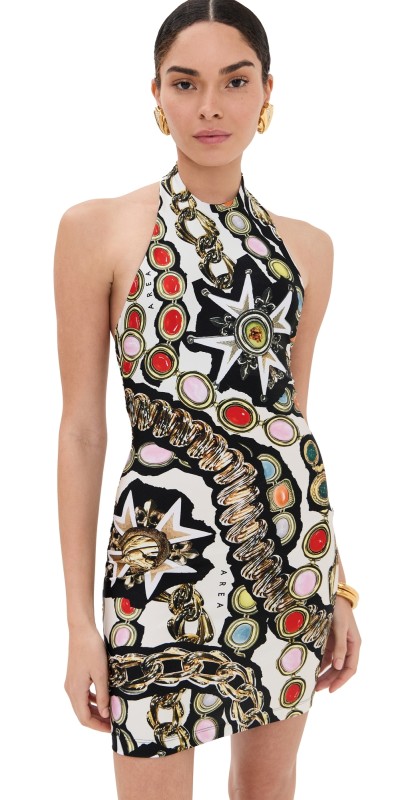 AREA Gemstone Chain Printed Halter Mini Dress Multi