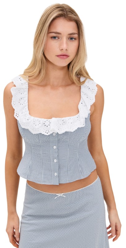 GUIZIO Gingham Paloma Lace Top Powder Blue