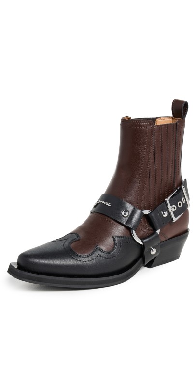 GANNI Fitted Chelsea Western Bicolor Boots Black/Chocolate Fondant