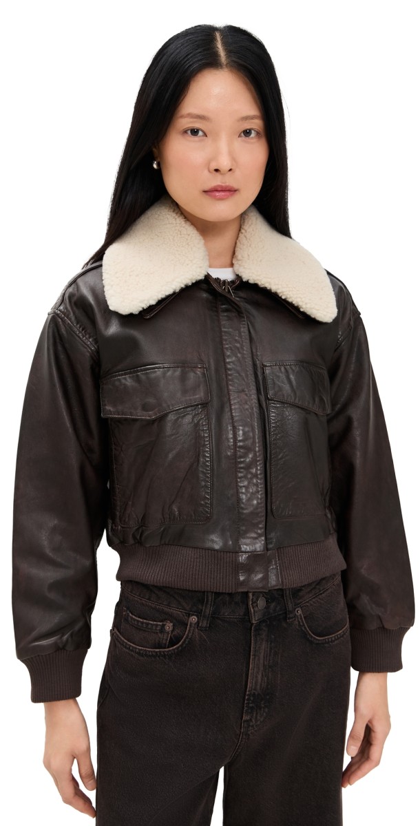 Sea Lenoir Leather Cropped Bomber Jacket Chocolate