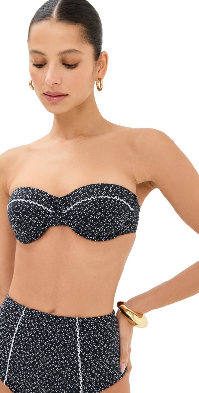 STAUD Jo Balconette Bikini Top Black Woodblock Ditsy Floral