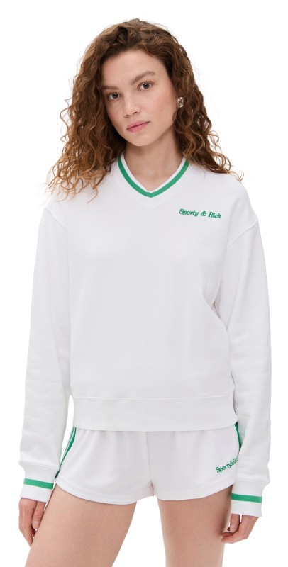 Sporty & Rich Classic Logo Embroidered V Sweatshirt White/Verde