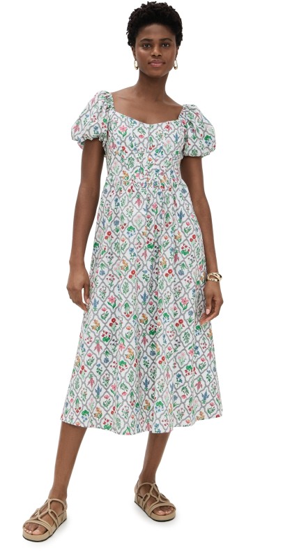 Moon River Puff Sleeve Corset Midi Dress Ivory Multi