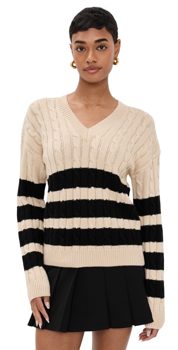 English Factory Striped Cable Knit Sweater Beige/Black