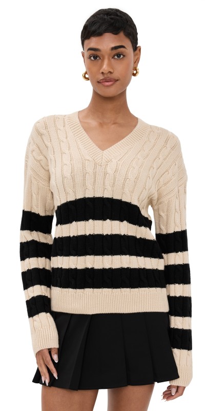 English Factory Striped Cable Knit Sweater Beige/Black