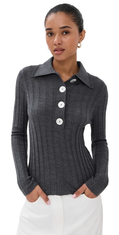 Nackiye Sugarman Knit Long Sleeve Polo Anthracite