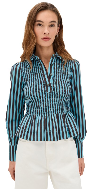 Damson Madder Hazel Shirred Shirt Blue Choc Stripe