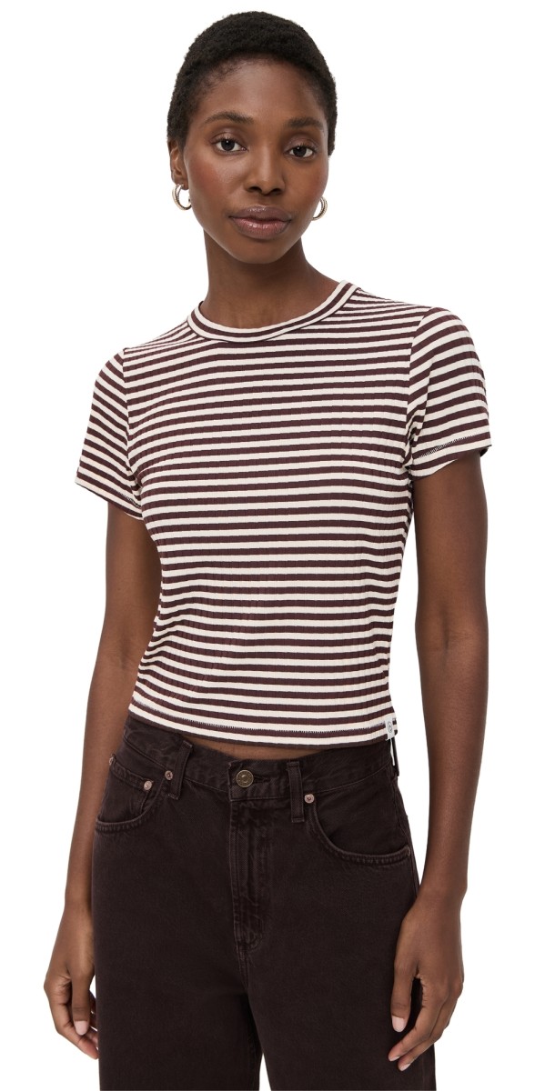 rag & bone Luca Stripe Rib Baby Tee Ivory Brown Multi